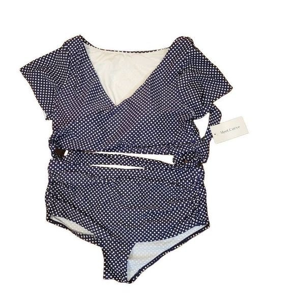 Meet Curve Women's Navy/White Polka-dot Nylon/Spandex Two Piece Swimsuit NEW - Picture 6 of 16